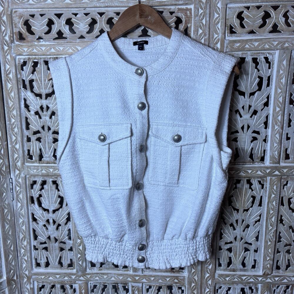 Express Womens Medium White Button-Up Tweed Boucle Preppy Sleeveless Vest